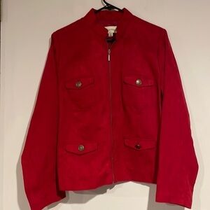 Studio Works petite 16P red faux micro suede Moto jacket- looks great with jeans